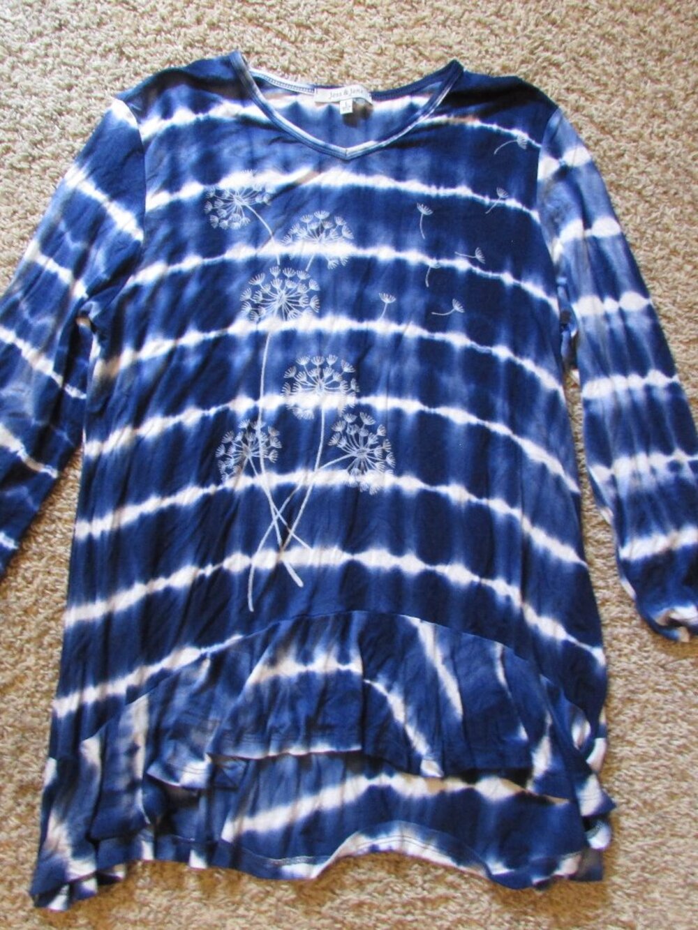 NWOT Jess & Jane Large Blue Tie-Dye Dandelion Print Long Sleeve Tunic Top
